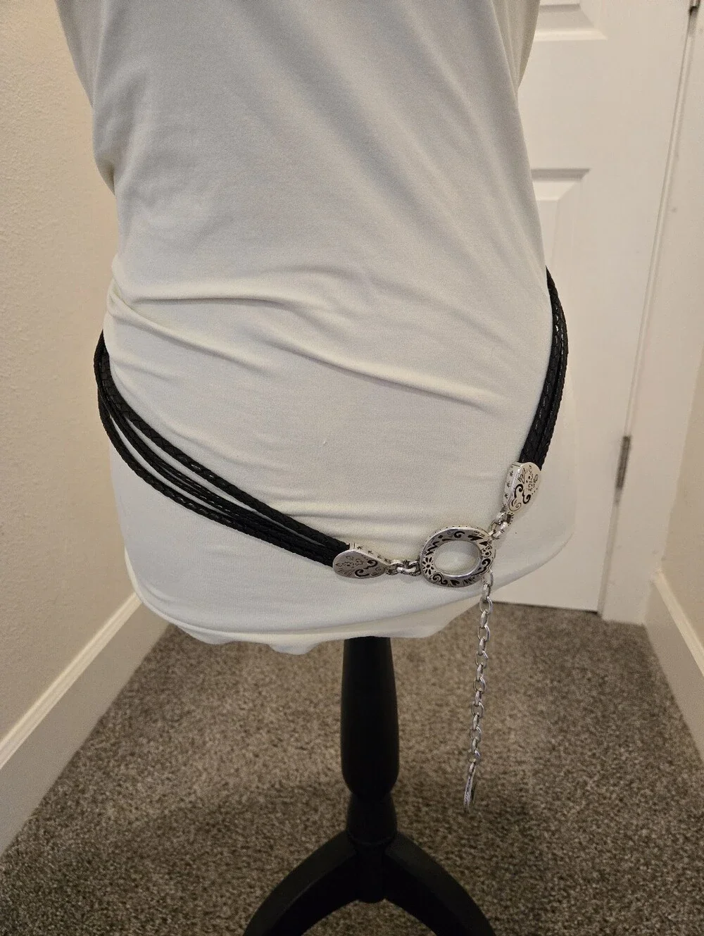 Brighton Black Braided Leather Belt Women's Large Black & Silver Hook Closure